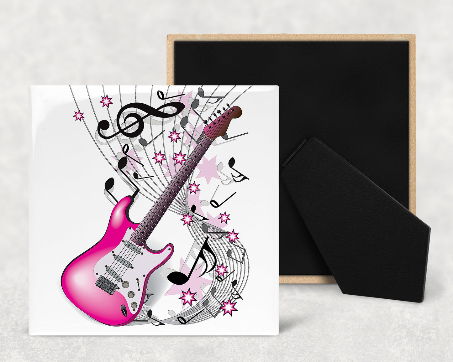 Pink or Blue Guitar Illustration Art Decorative Ceramic Tile with Optional Easel Back - Available in 3 Sizes