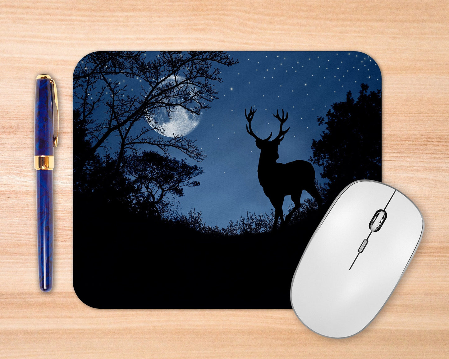Deer by Moonlight Silhouette Art Rubber Mousepad