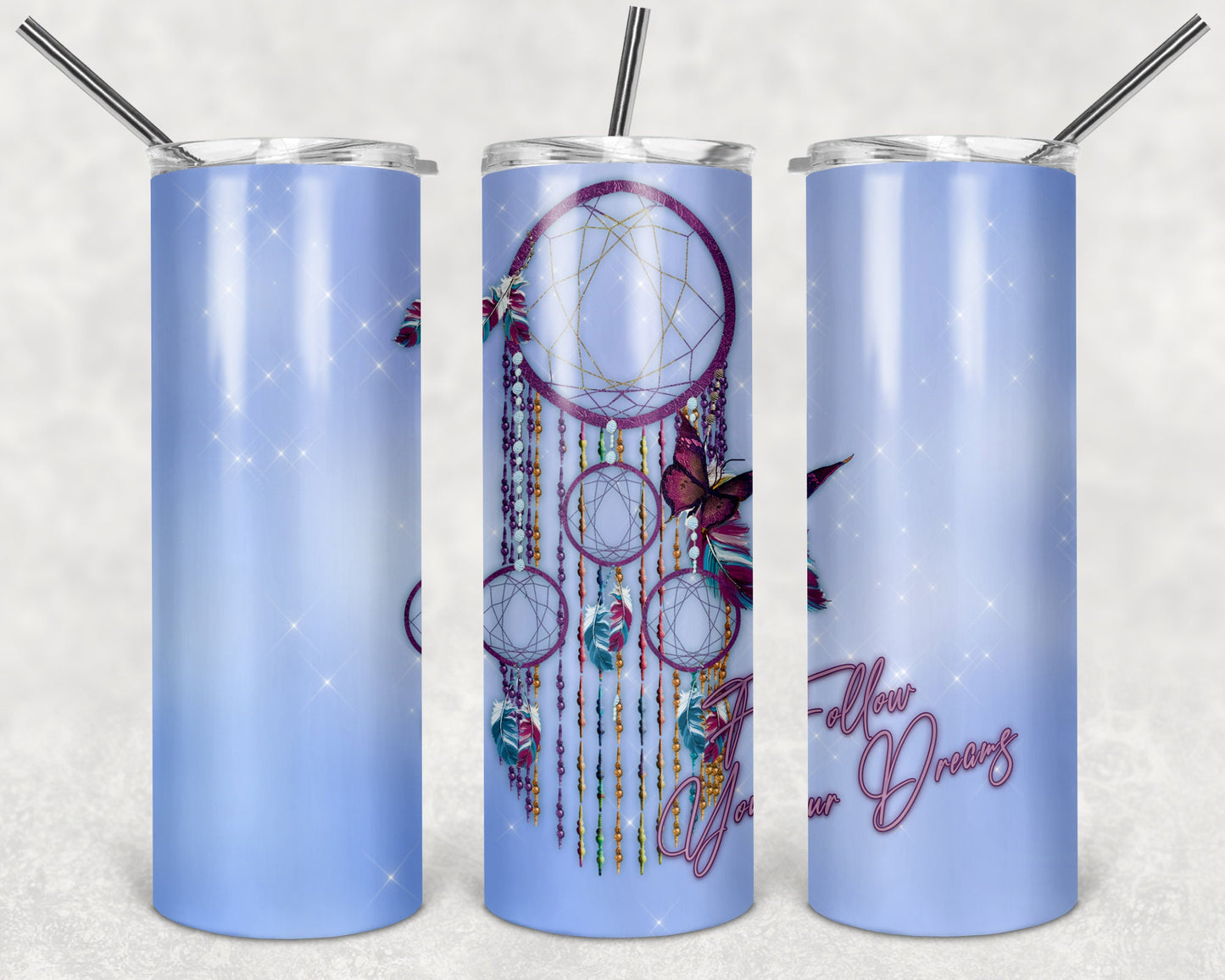 Follow Your Dreams Dreamcatcher and Butterflies Art 20oz Skinny Tumbler - Stainless Steel