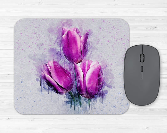 Watercolor Purple Tulips Art Rubber Mousepad