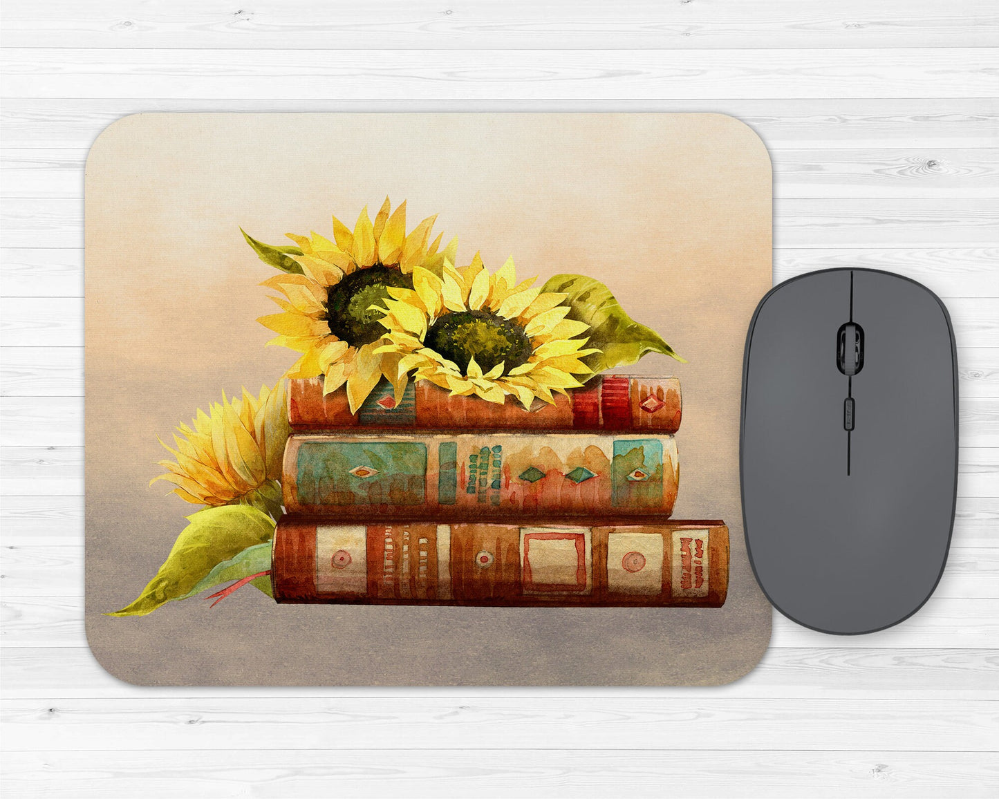 Sunflower and Books Art Rubber Mousepad