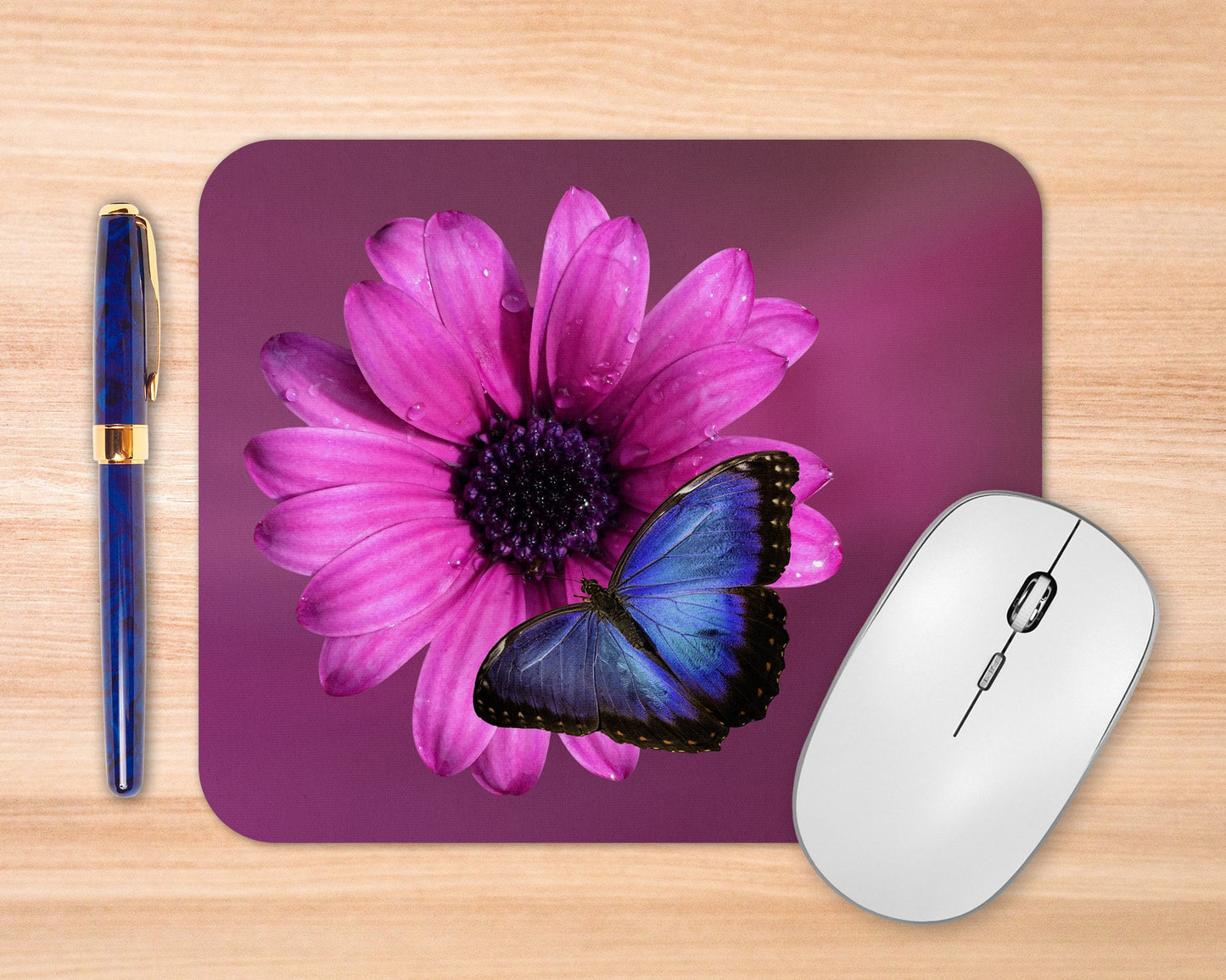 Blue Butterfly on Pink Flower Art Rubber Mousepad