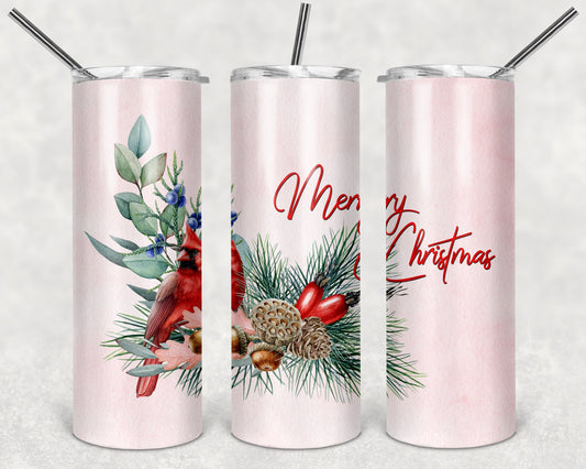 Merry Christmas Cardinal Art 20oz Skinny Tumbler - Stainless Steel