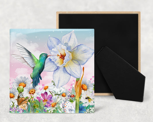 Hummingbird and Wildflowers Art Decorative Ceramic Tile with Optional Easel Back - Available in 3 Sizes