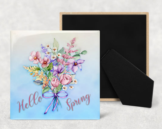 Hello Spring Bouquet Art Decorative Ceramic Tile with Optional Easel Back - Available in 3 Sizes