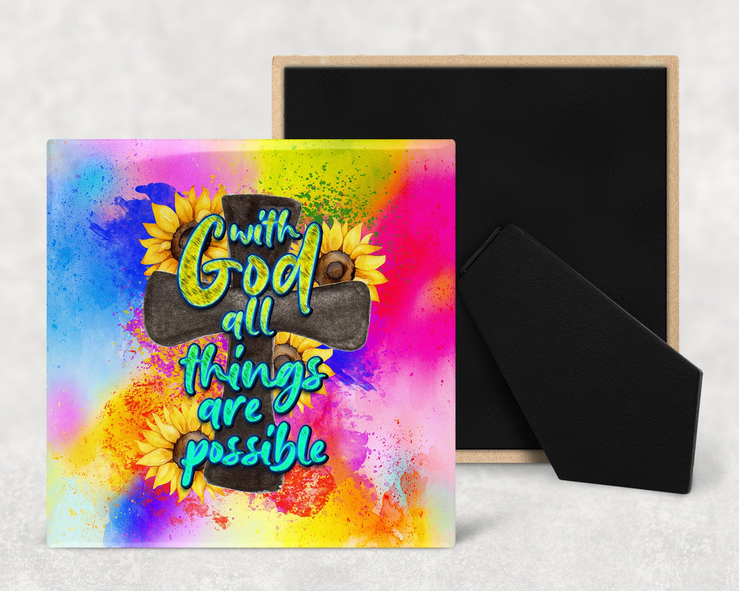 With God All Things are Possible Christian Cross Decorative Ceramic Tile with Optional Easel Back - Available in 3 Sizes