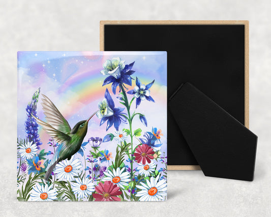 Hummingbird and Wildflowers Art Decorative Ceramic Tile with Optional Easel Back - Available in 3 Sizes