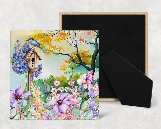 Watercolor Bluebird Birdhouse Art Decorative Ceramic Tile with Optional Easel Back - Available in 3 Sizes