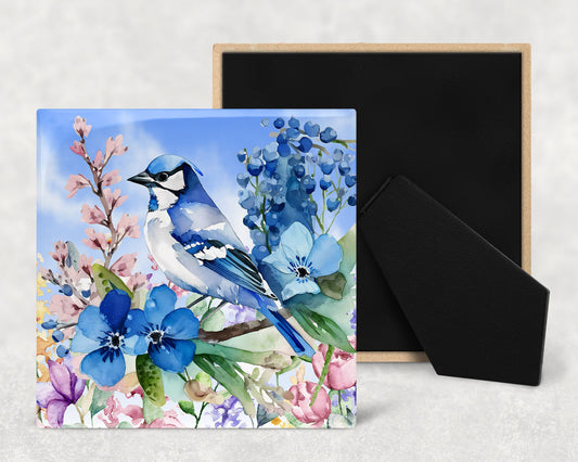 Watercolor Blue Jay and Flowers Art Decorative Ceramic Tile with Optional Easel Back - Available in 3 Sizes