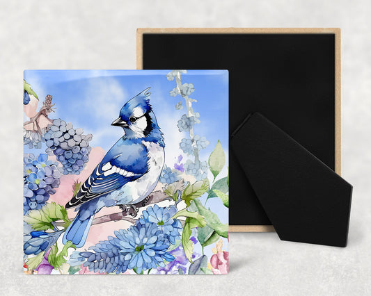 Watercolor Blue Jay and Flowers Art Decorative Ceramic Tile with Optional Easel Back - Available in 3 Sizes