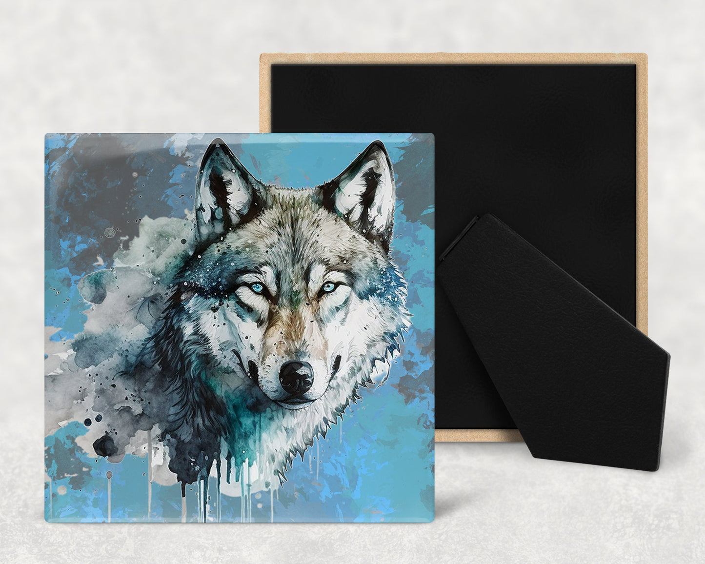 Watercolor Wolf Splatter Portrait Art Decorative Ceramic Tile with Optional Easel Back - Available in 3 Sizes