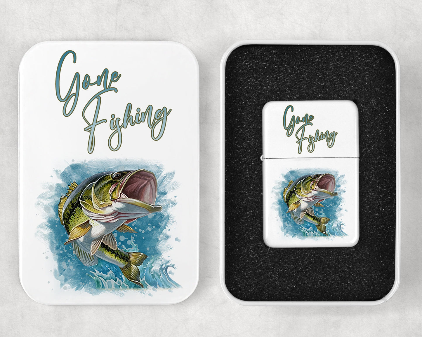 Gone Fishing Art Flip Top Lighter and Matching Gift Tin - 2 Design Choices