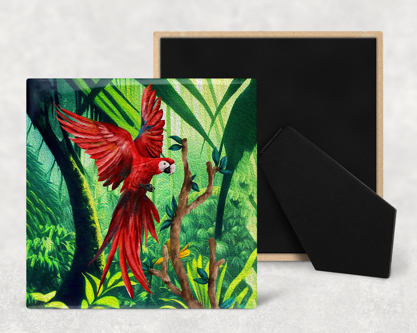 Macaw Jungle Art Decorative Ceramic Tile with Optional Easel Back - Available in 3 Sizes