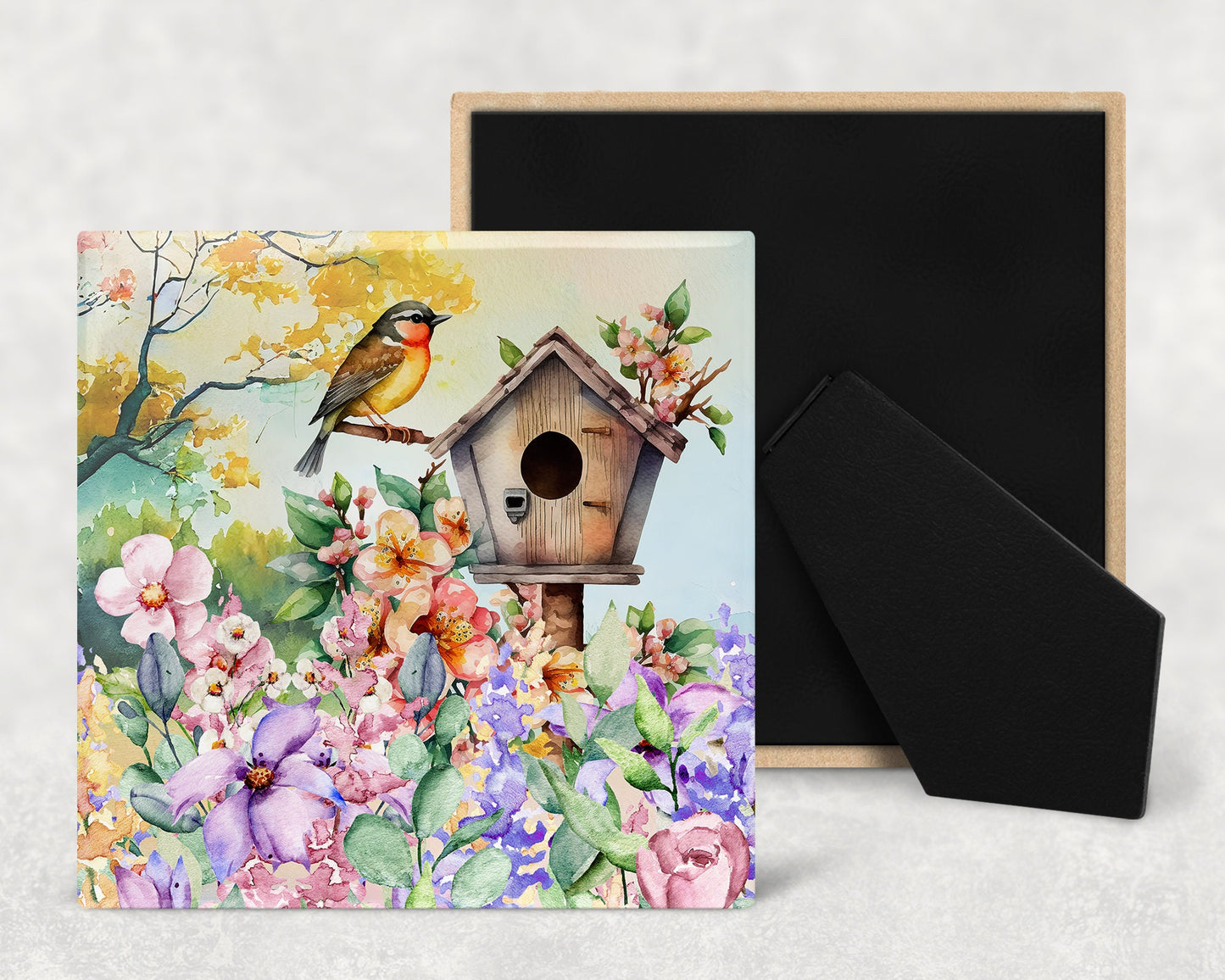 Watercolor Robin Birdhouse Art Decorative Ceramic Tile with Optional Easel Back - Available in 3 Sizes