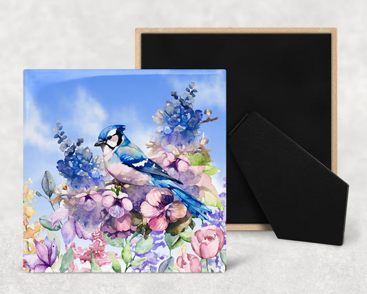 Watercolor Blue Jay and Flowers Art Decorative Ceramic Tile with Optional Easel Back - Available in 3 Sizes