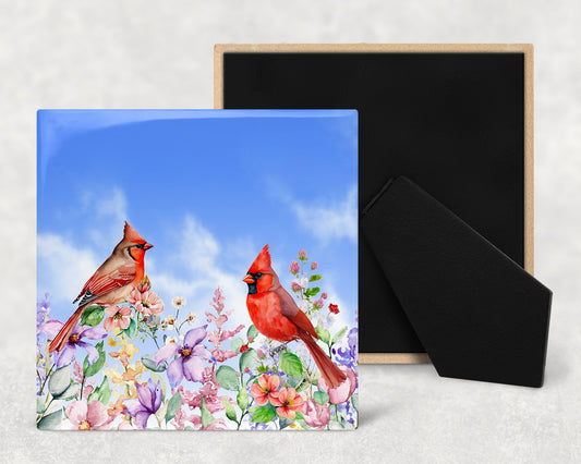 Watercolor Cardinals and Flowers Art Decorative Ceramic Tile with Optional Easel Back - Available in 3 Sizes