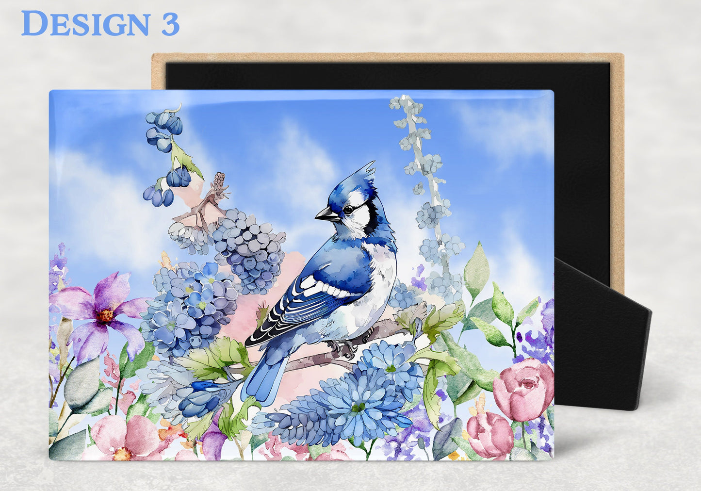 Watercolor Blue Jay and Flowers Art Decorative Ceramic Tile with Optional Easel Back - 6x8 inches - 3 Different Designs