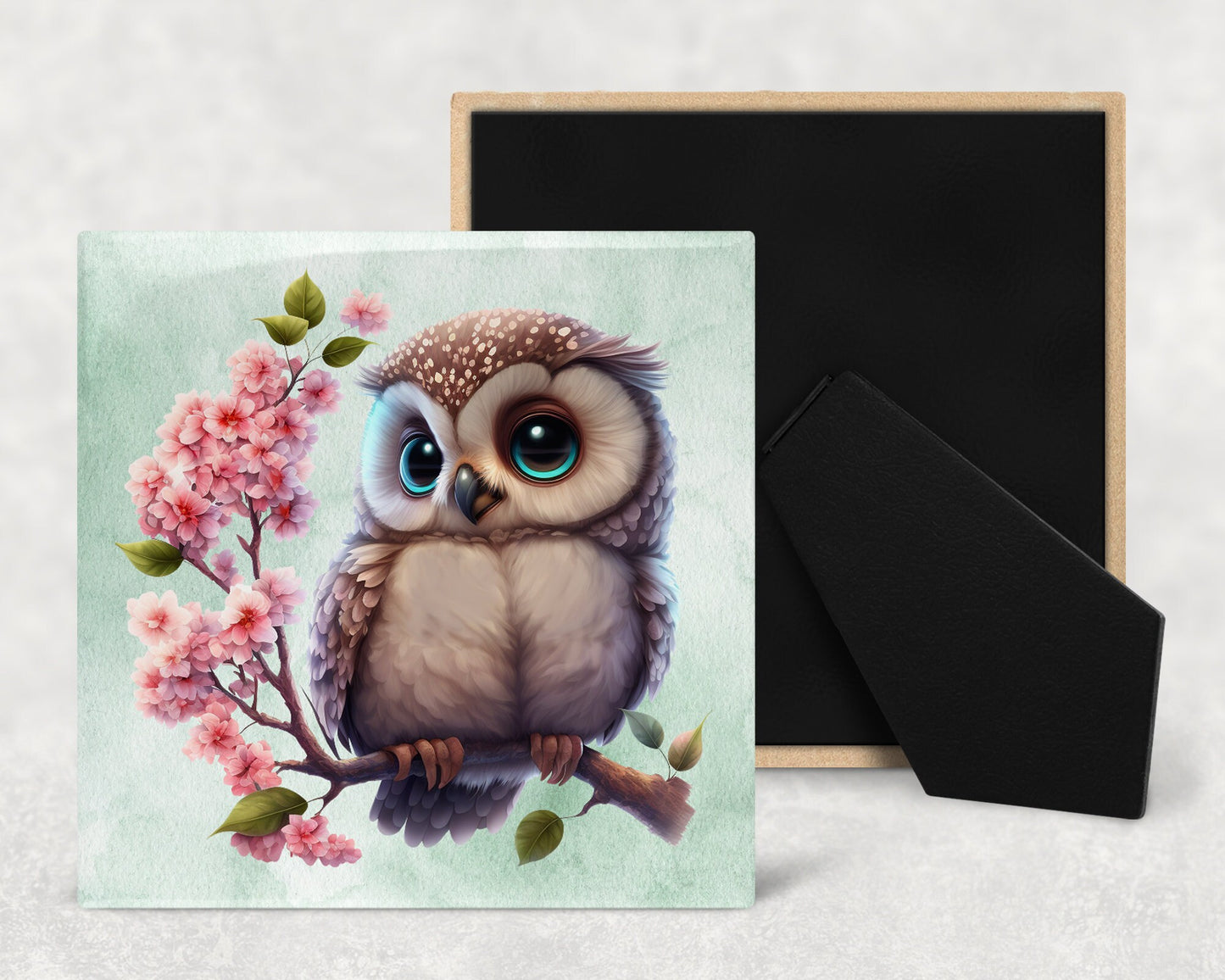 Cute Owl on Cherry Blossoms Decorative Ceramic Tile Set with Optional Easel Back - Available in 4 sizes - Set of 4