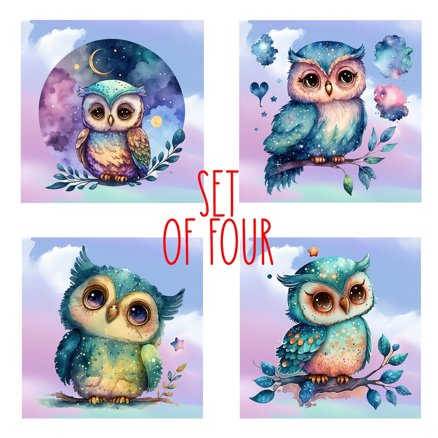 Cute Cartoon Owl Decorative Ceramic Tile Set with Optional Easel Back - Available in 4 sizes - Set of 4