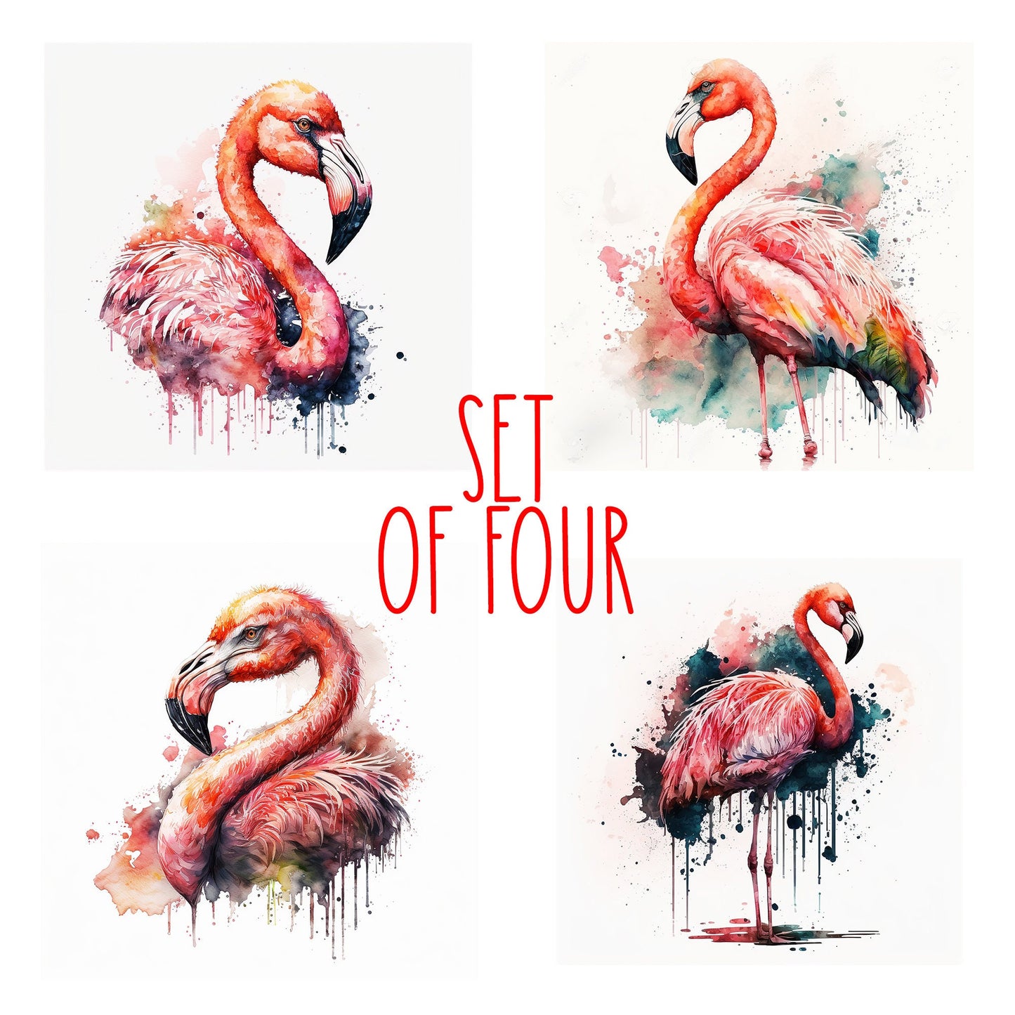 Watercolor Style Flamingo Art Decorative Ceramic Tile Set with Optional Easel Back - Available in 4 sizes - Set of 4
