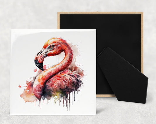Watercolor Style Flamingo Art Decorative Ceramic Tile Set with Optional Easel Back - Available in 4 sizes - Set of 4