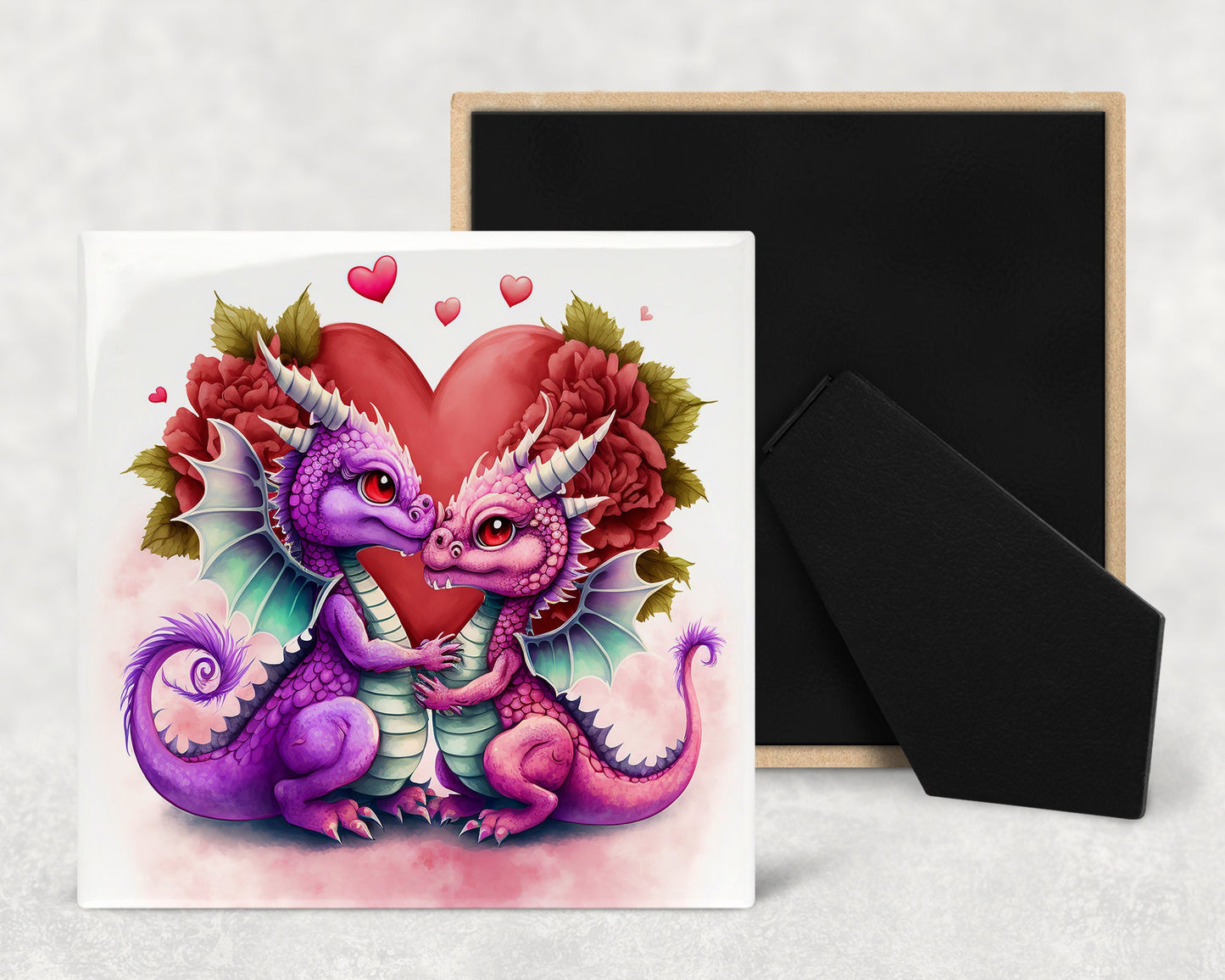 Cute Cartoon Dragons In Love Decorative Ceramic Tile Set with Optional Easel Back - Available in 4 sizes - Set of 4