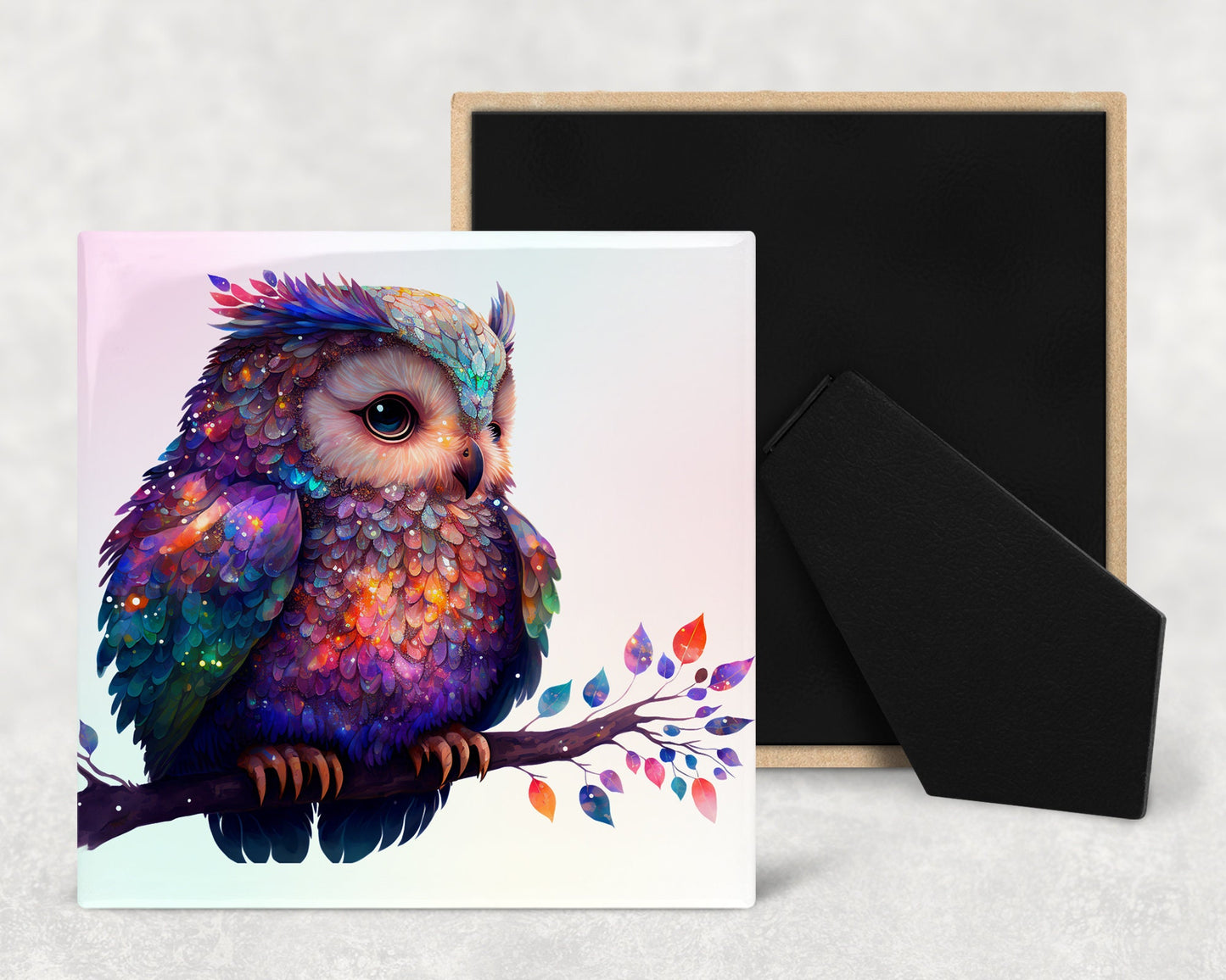 Cute Shiny Owl Decorative Ceramic Tile Set with Optional Easel Back - Available in 4 sizes - Set of 4