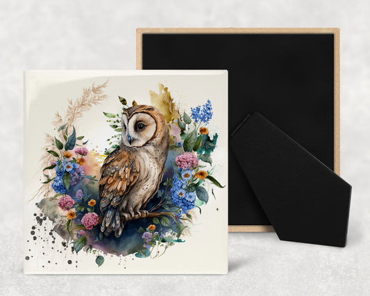 Floral Owls Decorative Ceramic Tile Set with Optional Easel Back - Available in 4 sizes - Set of 4