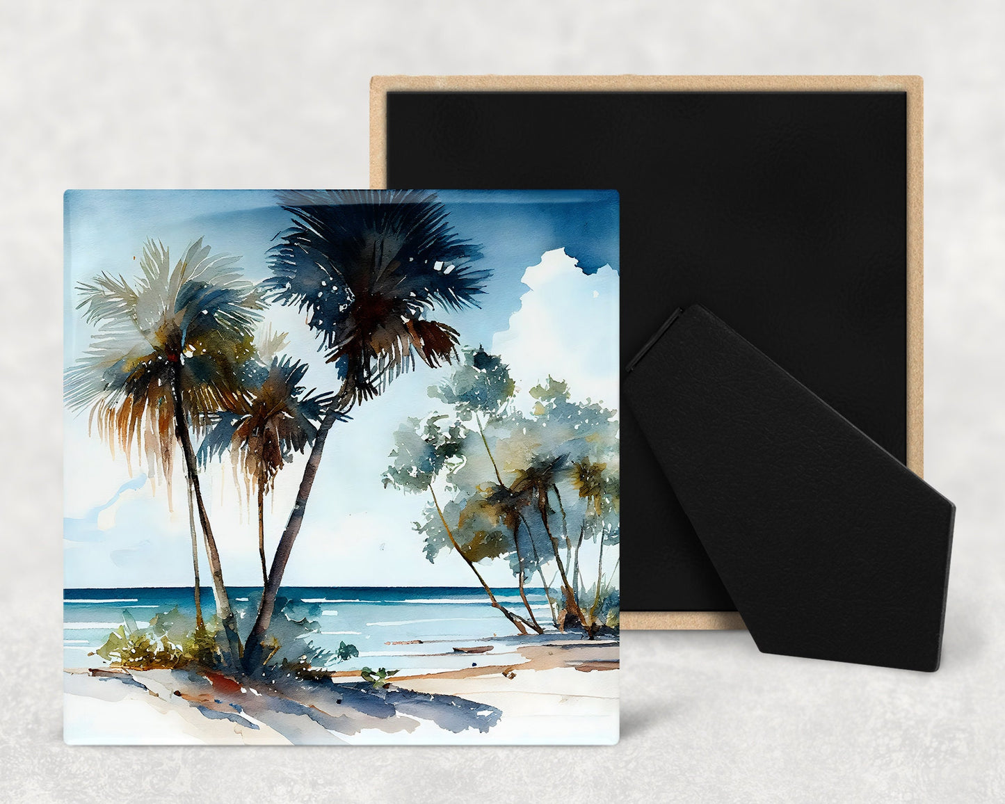 Beach Life Island Art Decorative Ceramic Tile Set with Optional Easel Back - Available in 4 sizes - Set of 4