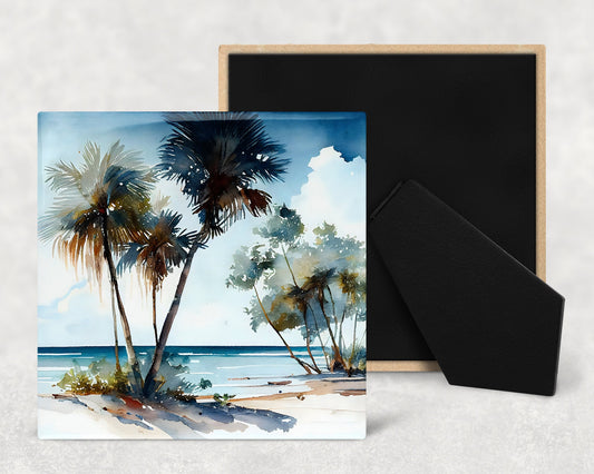 Beach Life Island Art Decorative Ceramic Tile Set with Optional Easel Back - Available in 4 sizes - Set of 4