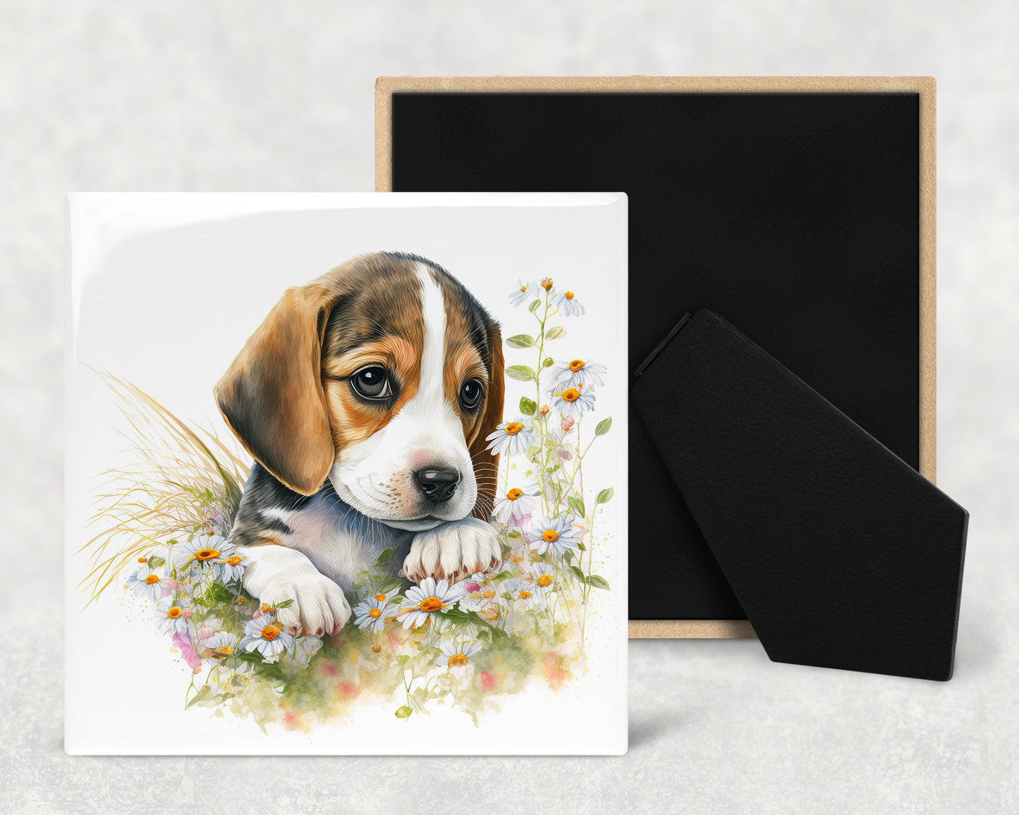 Cute Beagle Puppy Art Decorative Ceramic Tile Set with Optional Easel Back - Available in 4 sizes - Set of 4