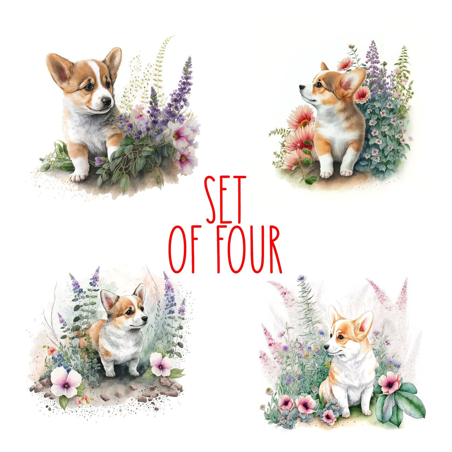 Cute Corgi Puppy Art Decorative Ceramic Tile Set with Optional Easel Back - Available in 4 sizes - Set of 4