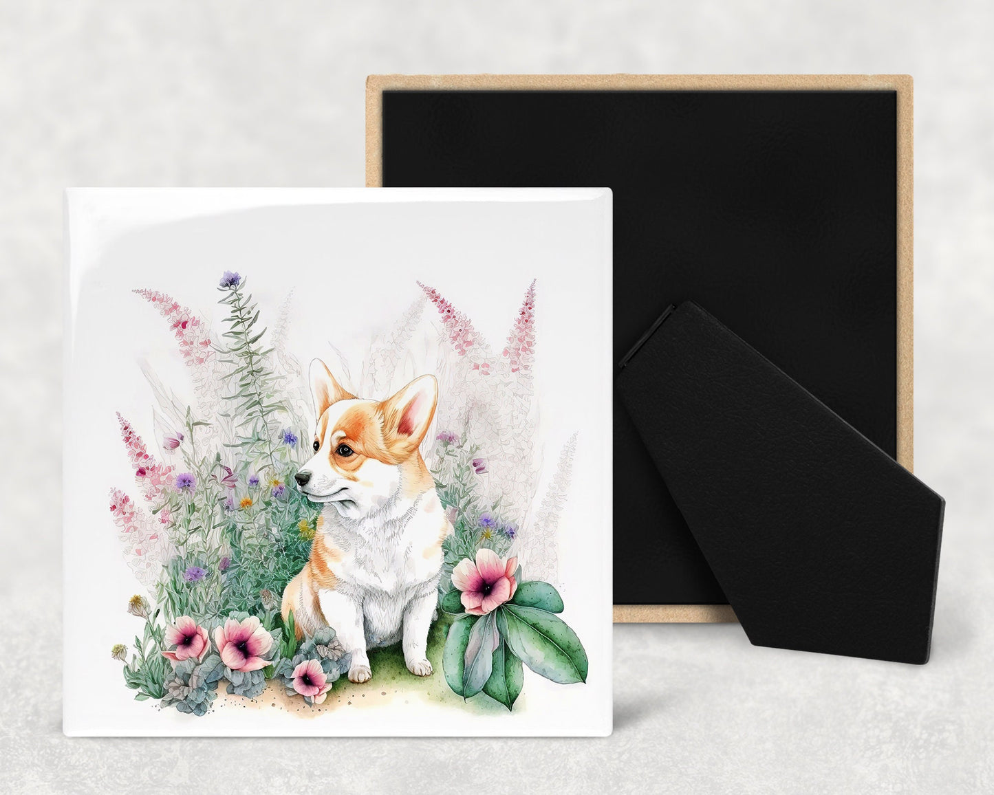 Cute Corgi Puppy Art Decorative Ceramic Tile Set with Optional Easel Back - Available in 4 sizes - Set of 4