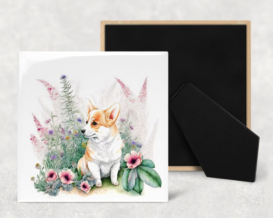 Cute Corgi Puppy Art Decorative Ceramic Tile Set with Optional Easel Back - Available in 4 sizes - Set of 4