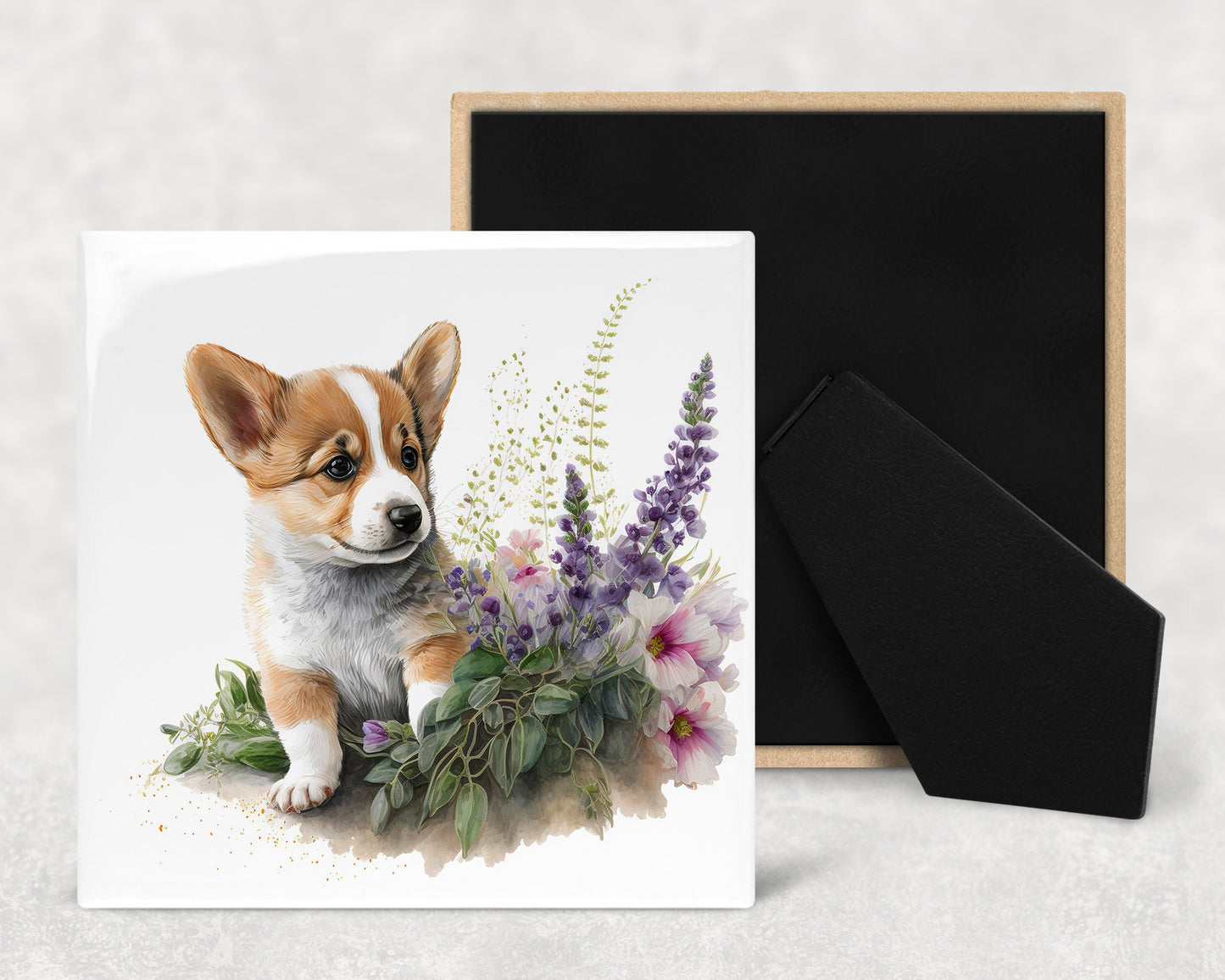 Cute Corgi Puppy Art Decorative Ceramic Tile Set with Optional Easel Back - Available in 4 sizes - Set of 4