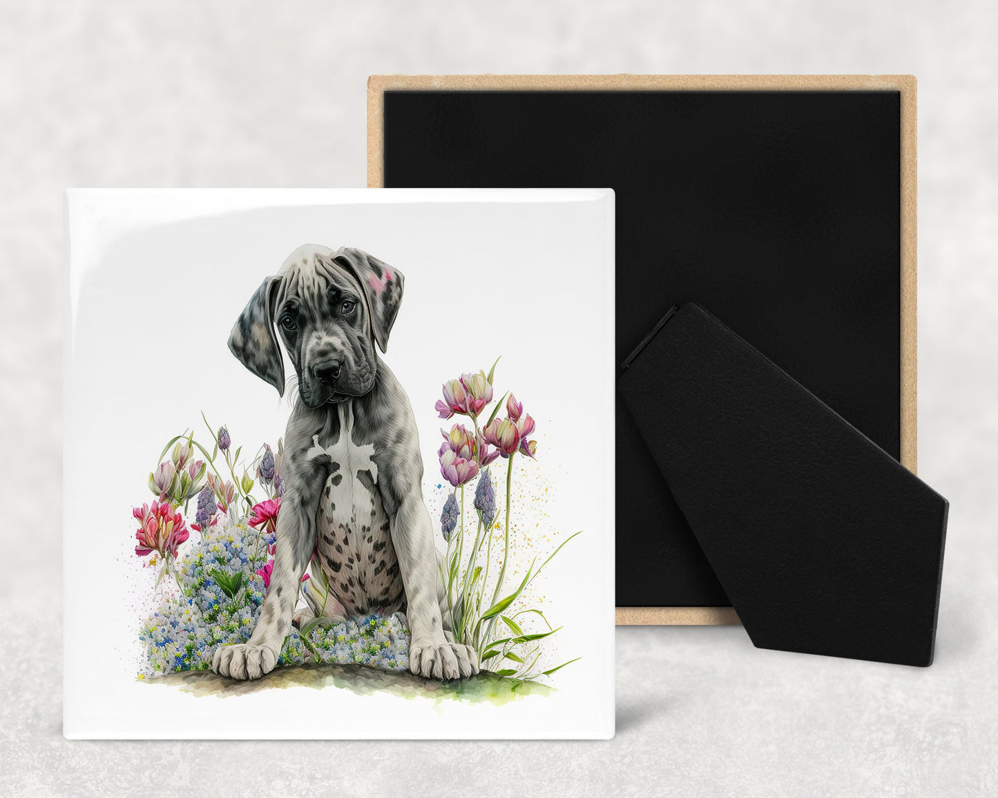 Cute Great Dane Puppy Art Decorative Ceramic Tile Set with Optional Easel Back - Available in 4 sizes - Set of 4