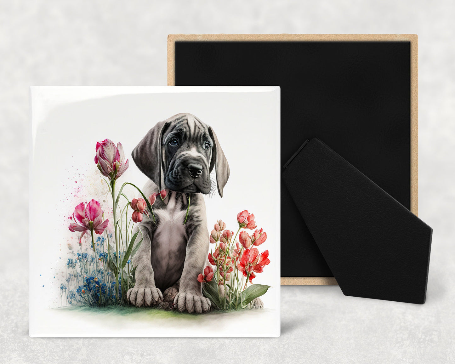 Cute Great Dane Puppy Art Decorative Ceramic Tile Set with Optional Easel Back - Available in 4 sizes - Set of 4
