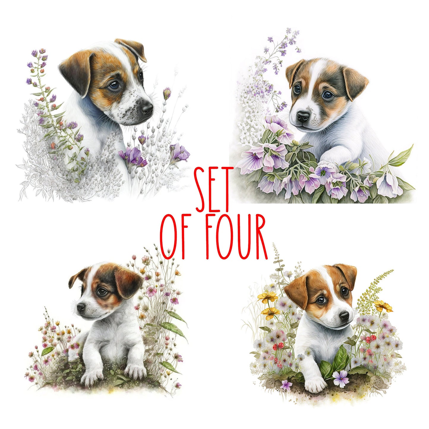 Cute Jack Russell Puppy Art Decorative Ceramic Tile Set with Optional Easel Back - Available in 4 sizes - Set of 4