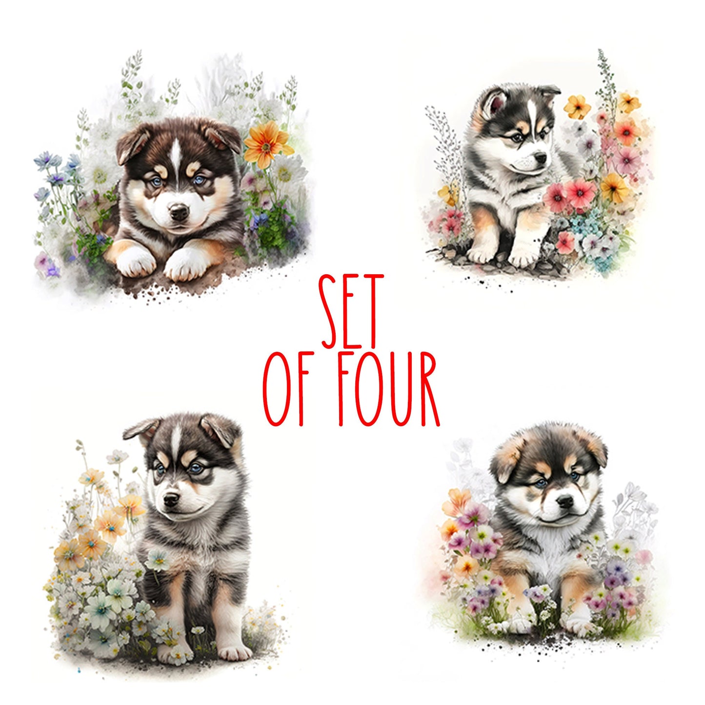 Cute Malamute Puppy Art Decorative Ceramic Tile Set with Optional Easel Back - Available in 4 sizes - Set of 4