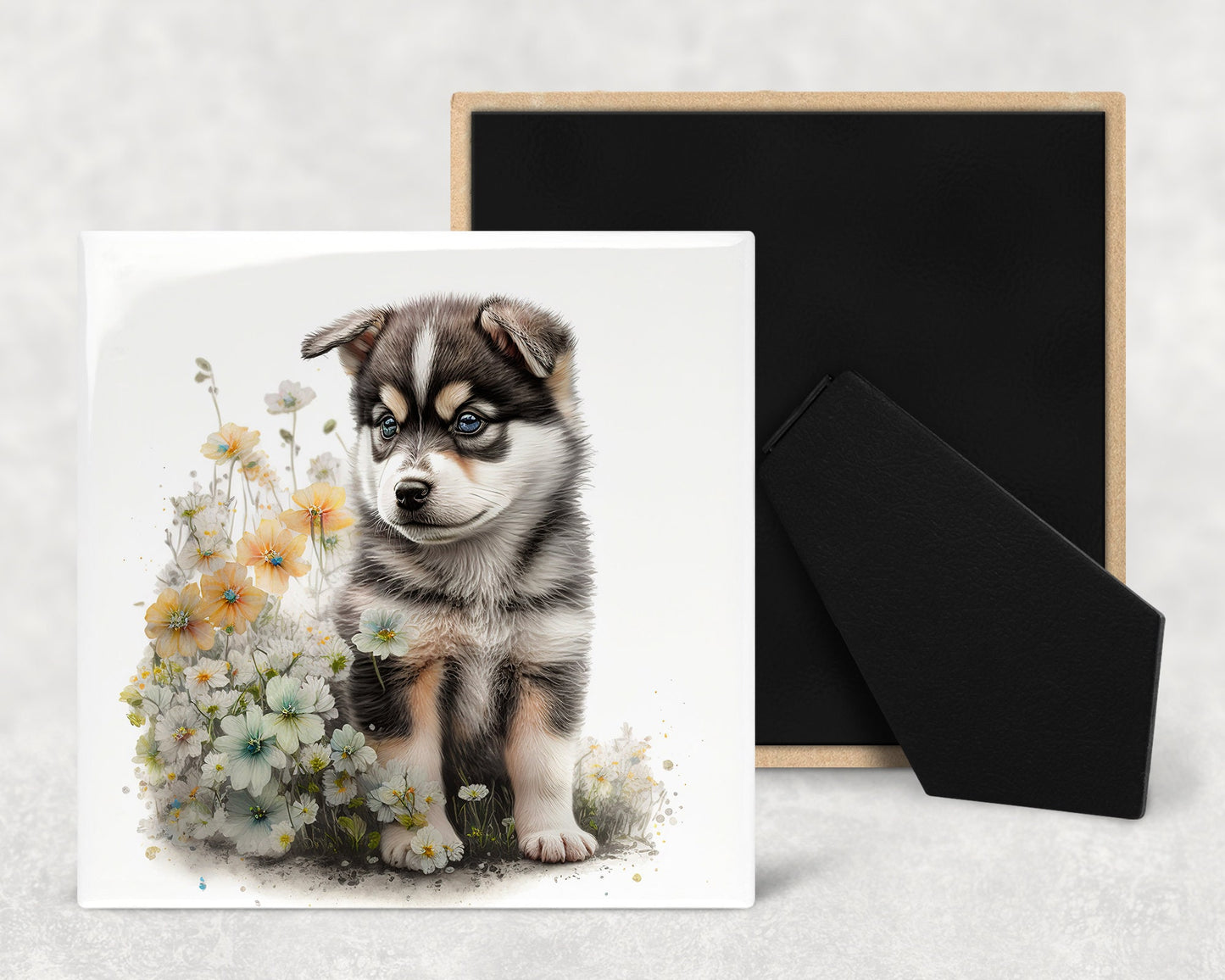 Cute Malamute Puppy Art Decorative Ceramic Tile Set with Optional Easel Back - Available in 4 sizes - Set of 4