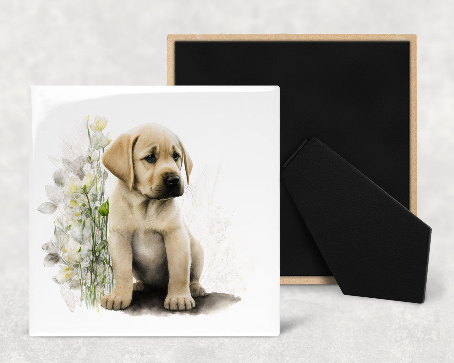 Cute Labrador Puppy Art Decorative Ceramic Tile Set with Optional Easel Back - Available in 4 sizes - Set of 4