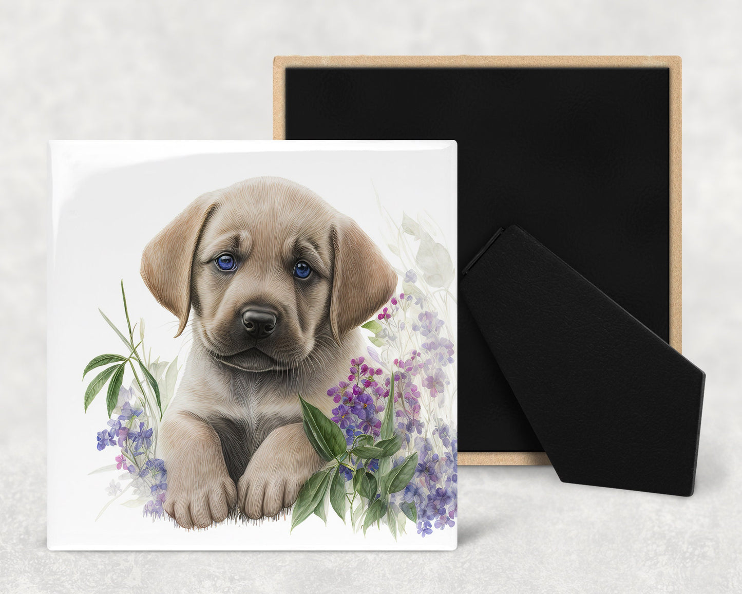 Cute Labrador Puppy Art Decorative Ceramic Tile Set with Optional Easel Back - Available in 4 sizes - Set of 4
