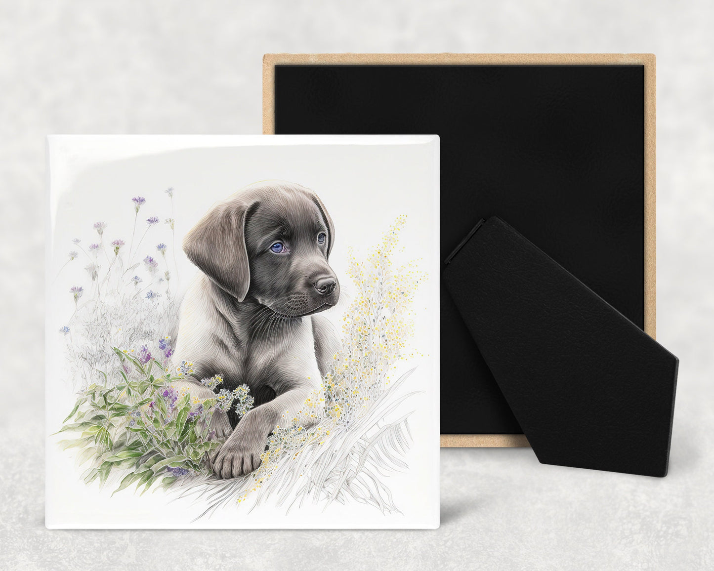 Cute Labrador Puppy Art Decorative Ceramic Tile Set with Optional Easel Back - Available in 4 sizes - Set of 4