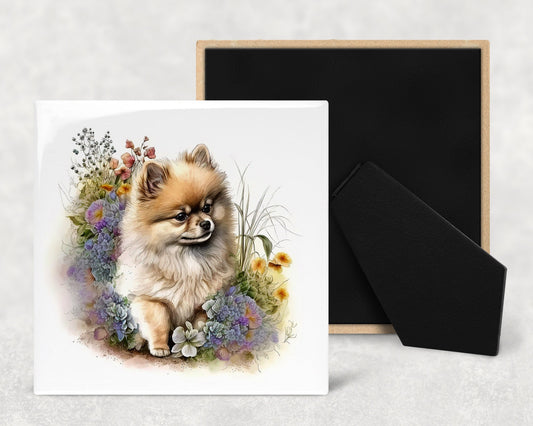 Cute Pomeranian Puppy Art Decorative Ceramic Tile Set with Optional Easel Back - Available in 4 sizes - Set of 4