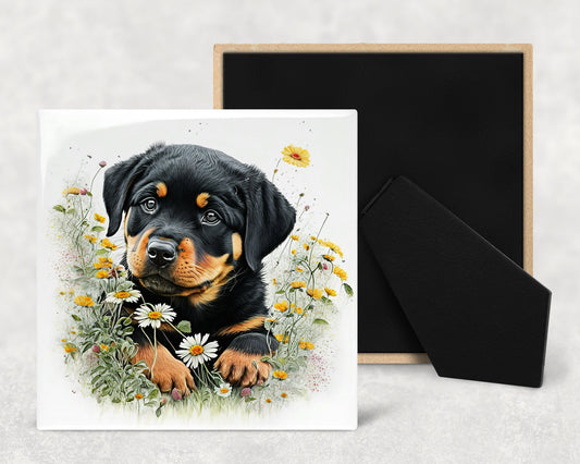 Cute Rottweiler Puppy Art Decorative Ceramic Tile Set with Optional Easel Back - Available in 4 sizes - Set of 4
