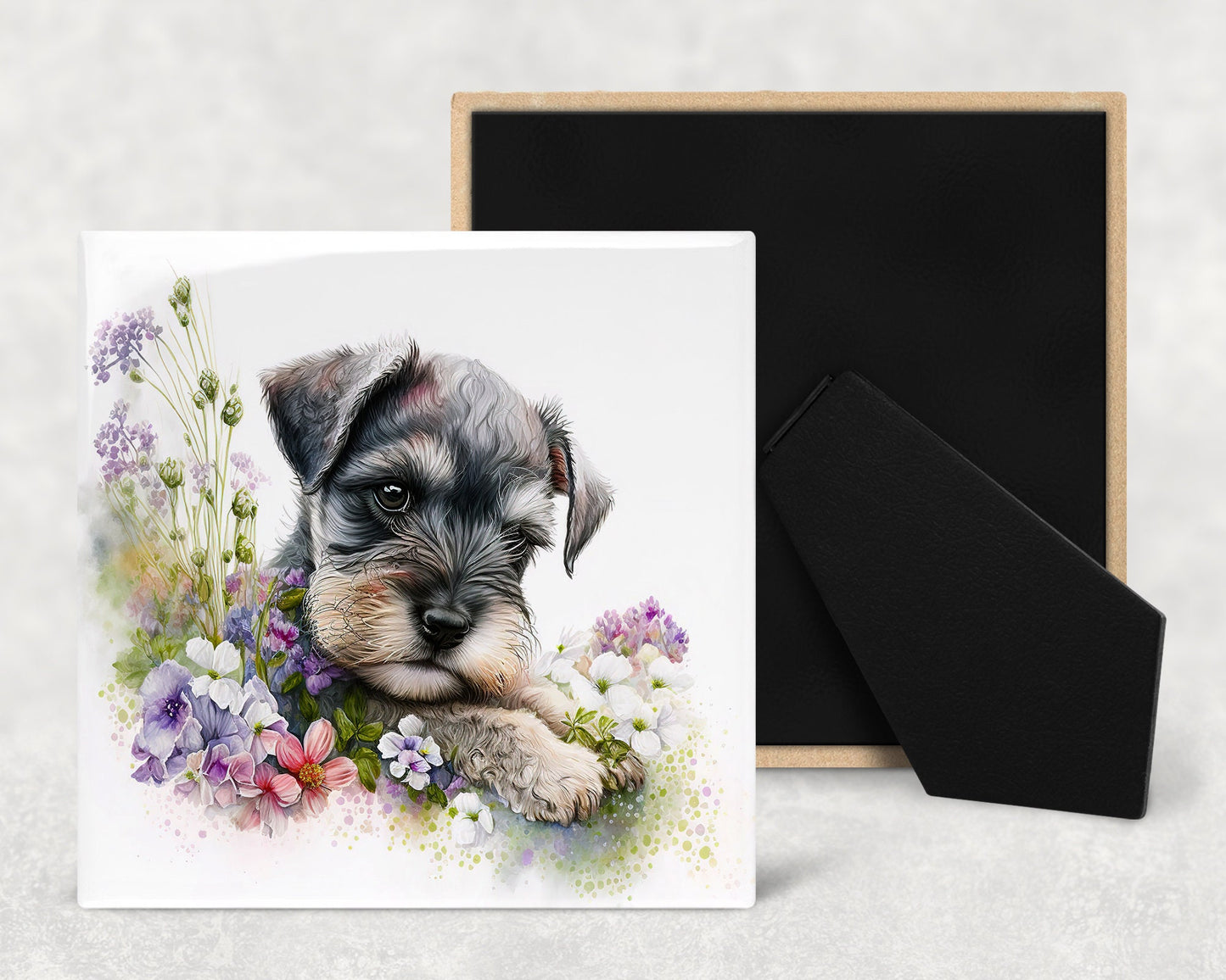 Cute Schnauzer Puppy Art Decorative Ceramic Tile Set with Optional Easel Back - Available in 4 sizes - Set of 4