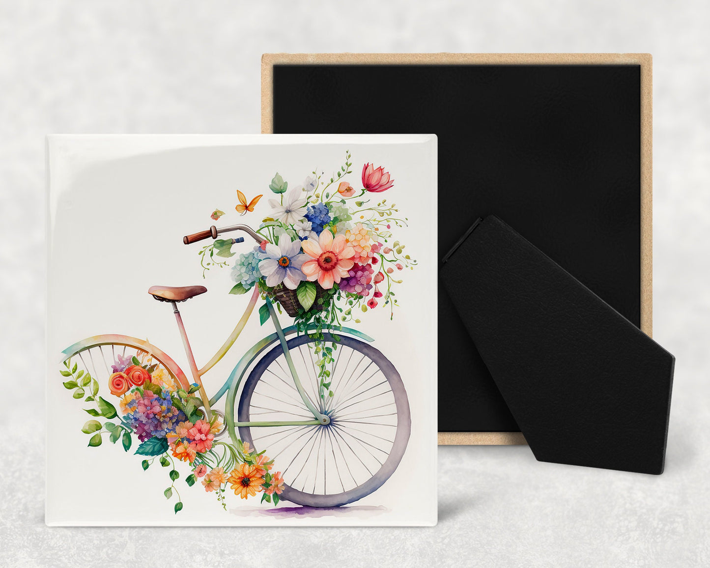 Floral Bicycles Art Decorative Ceramic Tile Set with Optional Easel Back - Available in 4 sizes - Set of 4