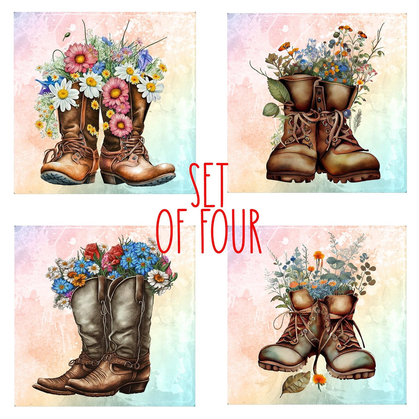 Floral Boots Art Decorative Ceramic Tile Set with Optional Easel Back - Available in 4 sizes - Set of 4