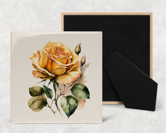 Single Rose Art Decorative Ceramic Tile Set with Optional Easel Back - Available in 4 sizes - Set of 4