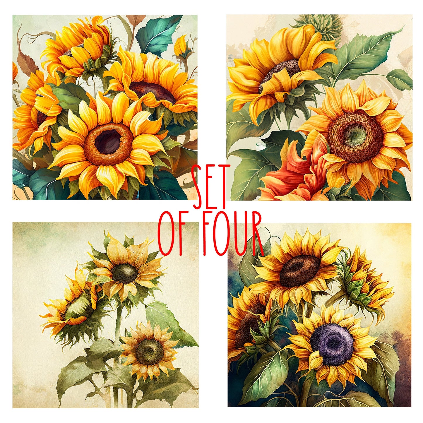 Sunflowers Art Decorative Ceramic Tile Set with Optional Easel Back - Available in 4 sizes - Set of 4